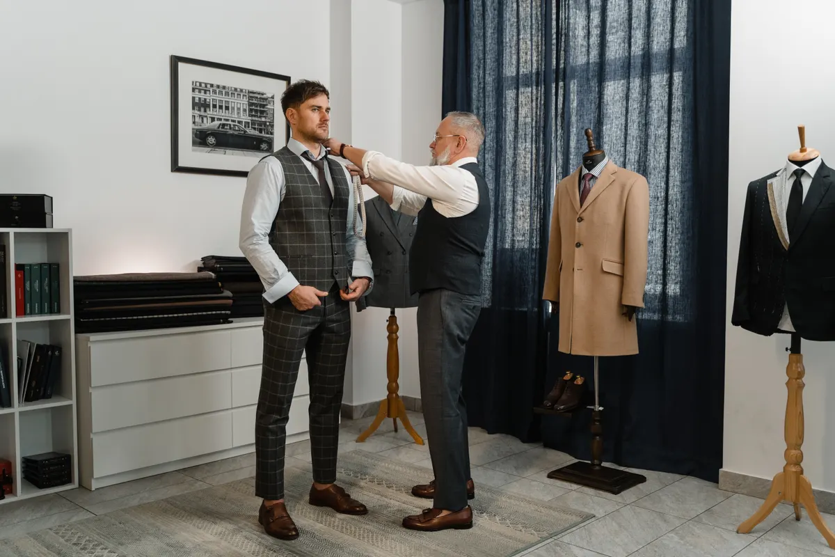 A tailor measuring the fit of a checked waistcoat